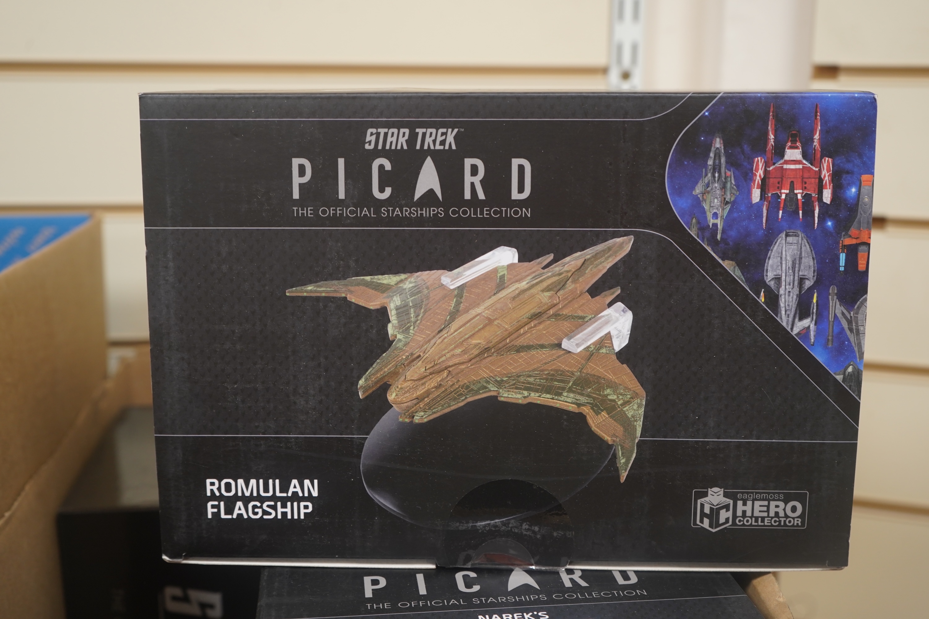 Nineteen boxed Eaglemoss Star Trek magazine issue models, including; a Vulcan Cruiser, a Klingon Qugh Class vessel, a Son’a Battleship, a Romulan Flagship, Jupiter Station, Ty’Gokor Orbital Station, etc. Condition - good